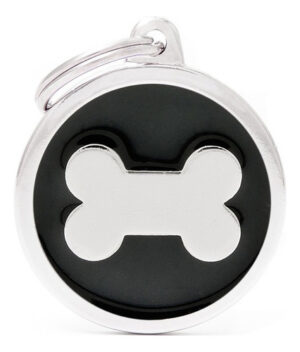 Chapita Identificadora De Mascotas Circulo Gde Hueso Grabado Color Fondo Negro Hueso Circulo Grande